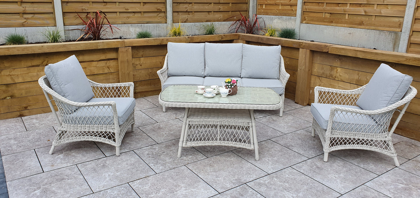 Signature Weave - Outdoor Furniture - Rose - 5 Seat Sofa Set With Coffee Table In Soft White Wicker
